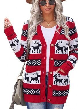 Women's Red and White V Neck Long Sleeve Knit Christmas Cardigan Classic Sweater